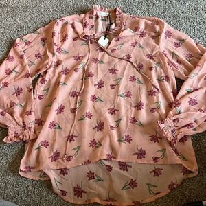 Lager 157 Angelology Floral Blouse Tulip Print Ruffle Neck Long Sleeve Top Sheer